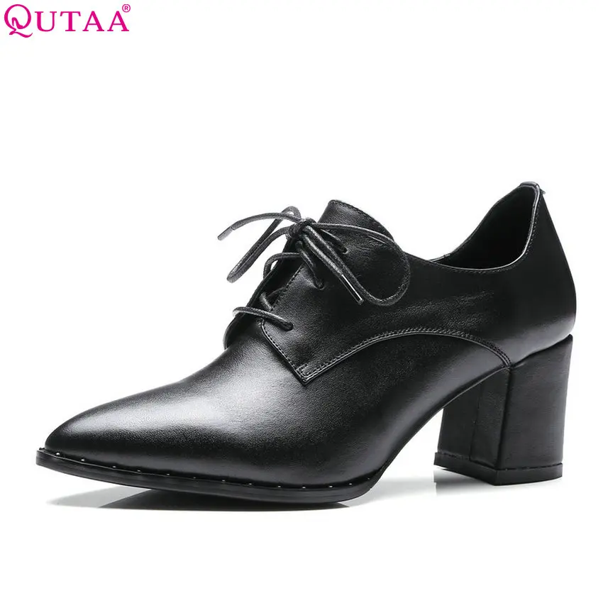 

QUTAA 2018 Women Pumps Spring/ Autumn Women Shoes Platform Lace Up Black Pointed Toe Square High Heel Women Pumps Szie 34-39