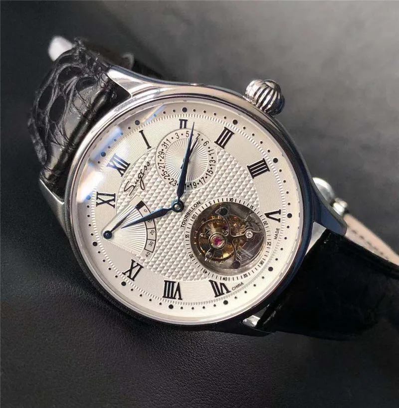 

Men Seagull Pilot Watch Tourbillon ST8001 Movement Male Clock Mens Mechanical Wrist Watches Calendar Genuine Crocodile Leather