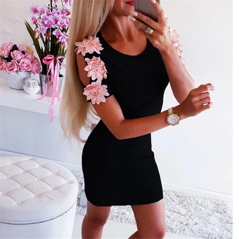 

2019 New Brand Fashion Women Cold Shoulder Dress Embroidery Simple Bodycon Crew Neck Short Mini Dress