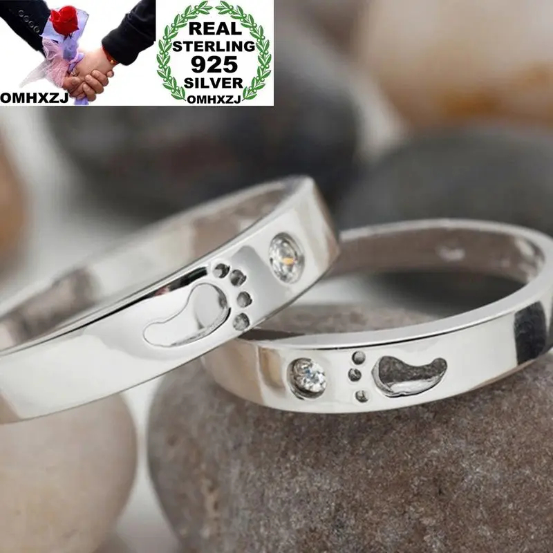 

OMHXZJ Wholesale European Fashion Woman Man Party Wedding Gift White Lovers Feet AAA Zircon 925 Sterling Silver Ring RR172