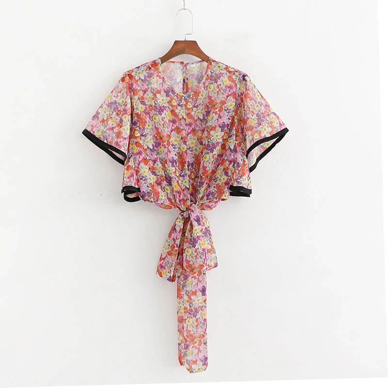 

2019 Summer Fashion Floral Print Chiffon Za Blouse Female Bohemian Short Batwing Sleeve Bow Lace up Tops Shirts blusas mujer