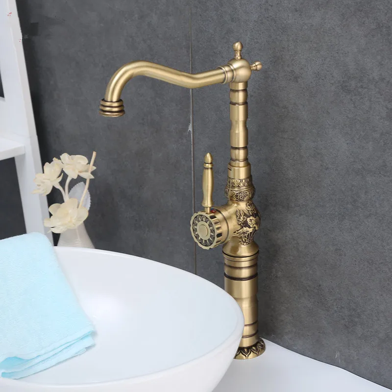 Billige Becken Wasserhahn Antike Messing Waschbecken Wasserhahn Geschnitzt Bad Wasserhahn Kupfer Tap Drehen Einzigen Handgriff Hot   Cold Wasser Mischbatterie kran