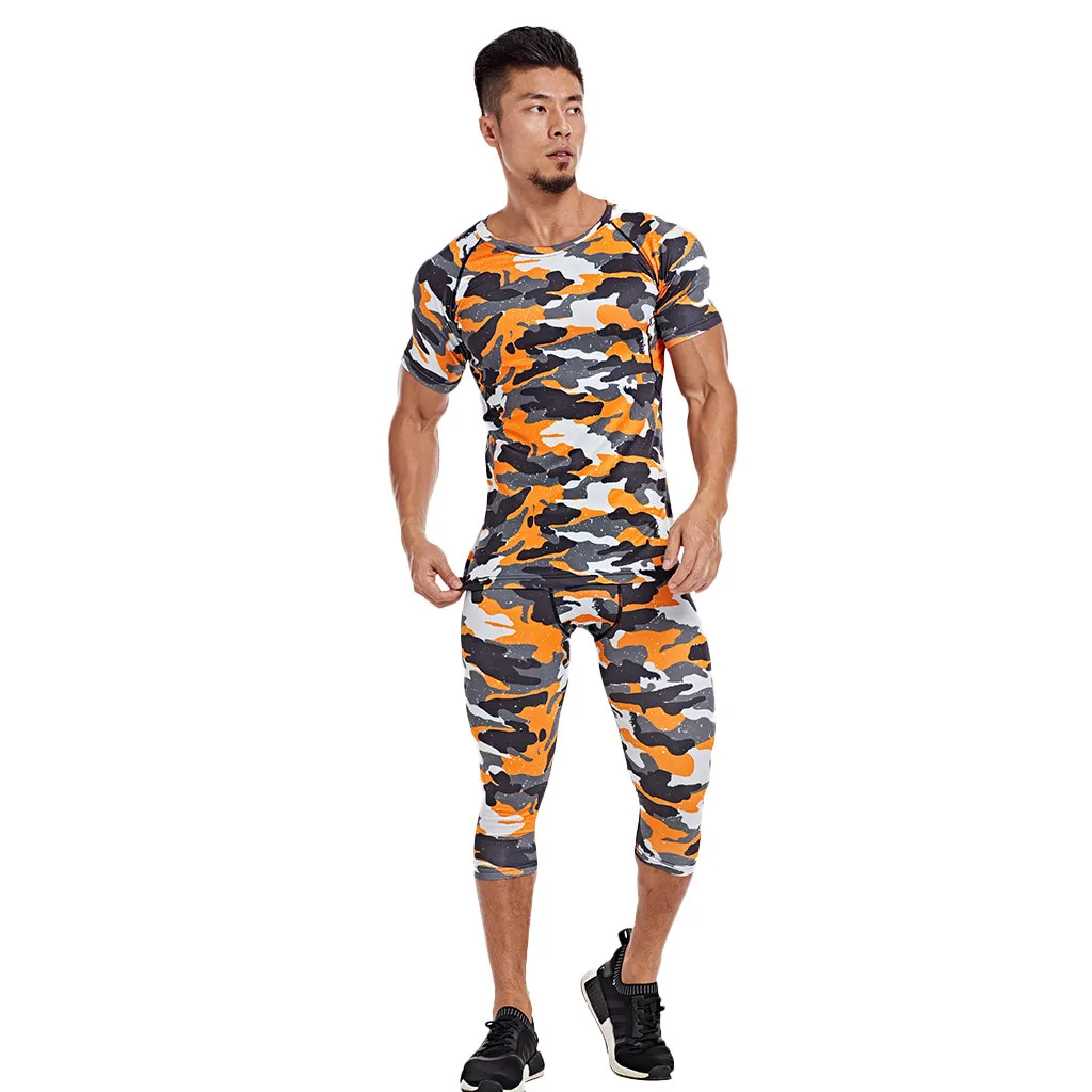 

Fashion Men's Sportswear Summer Printed Elastic Fitness Breathable Fast Drying Sports Tight Tracksuits 2019 survetement homme