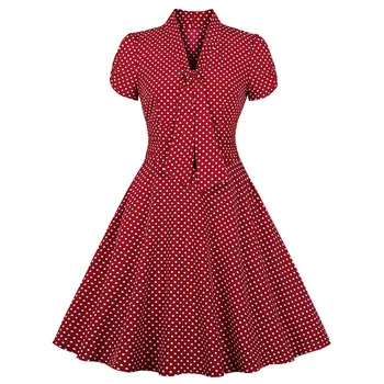 

Women 50s Dress Vintage Style Red Short Sleeves Polka Dot Print Pinup Swing Evening Party Rockabilly Casual Work Dress Vestidos