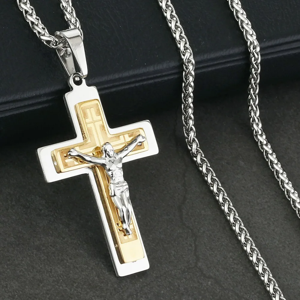 

Christ Holy Crucifix Cross Pendants Necklaces for Men Stylish Stainless Steel Jesus Catholic Braided Link Chain Necklaces NC132