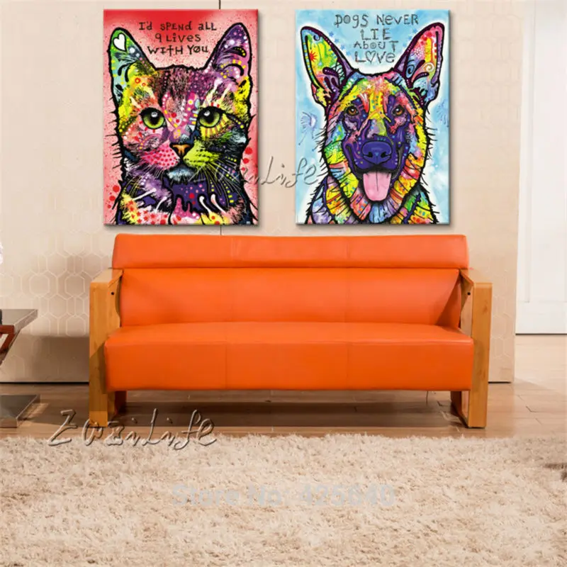 Canvas Print Animal Cat and Dog Oil Painting Wall Art Picture Printed