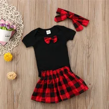 Одежда для новорожденных маленьких девочек клетчатые юбки боди с короткими рукавами и круглым вырезом с бантом, повязка на голову, 3 предмета, хлопковая повседневная одежда