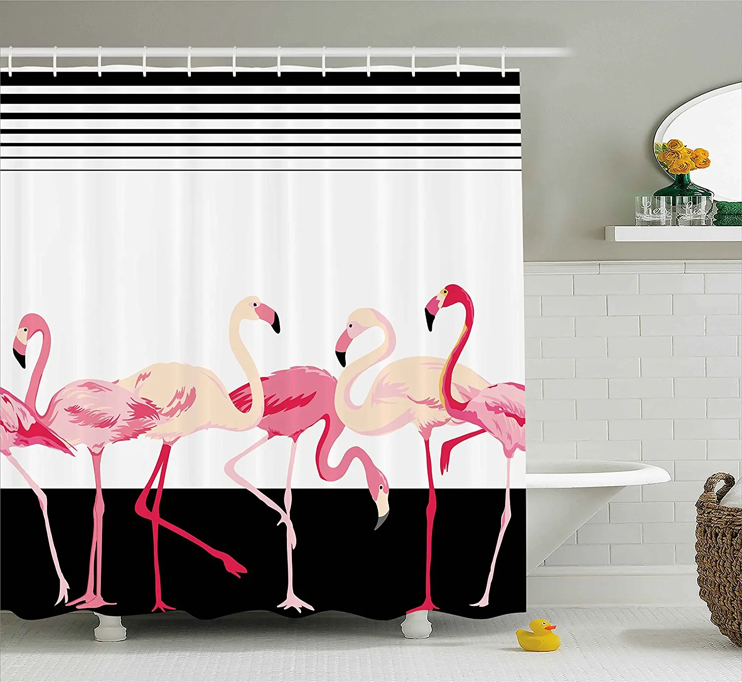 Retro Decor Shower Curtain Pink Flamingo Birds Background with Stripes