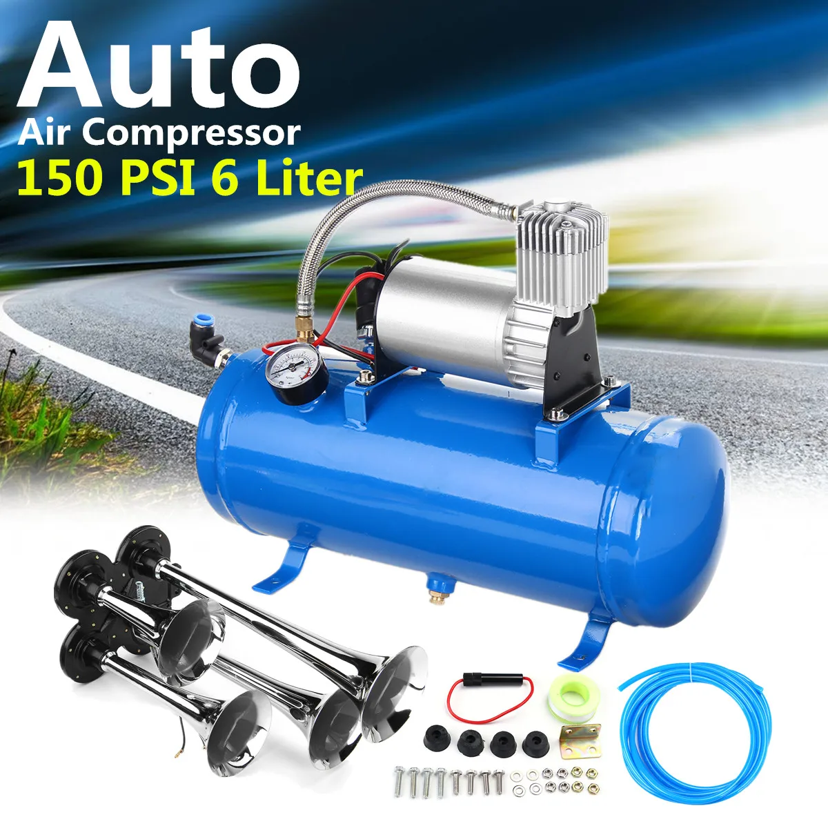 

150PSI 150DB 12V 23A Car Truck Train 6 Liter Tank Air Compressor 4-Trumpet Horn Kit Save Gas Cut Off at 8Bar Turn On at 6Bar