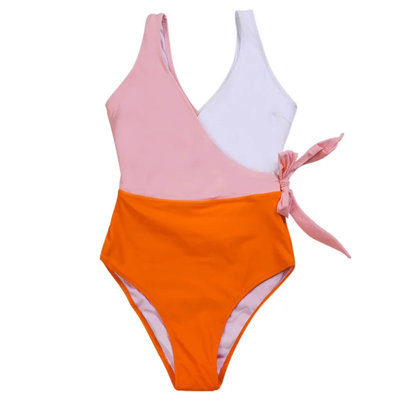 

Red and White Color Block One-piece Swimsuit Women Patchwork Belt Bow V-neck Beach Bathing Suit Swimwear