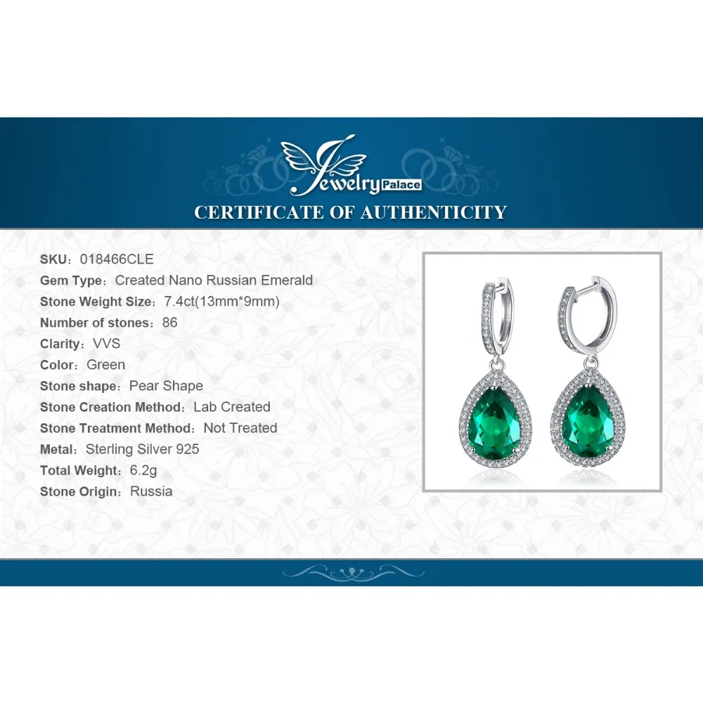 Jewelrypalace Роскошные Груша Cut 8.4ct Зеленый создания Изумрудный Серьги Твердые