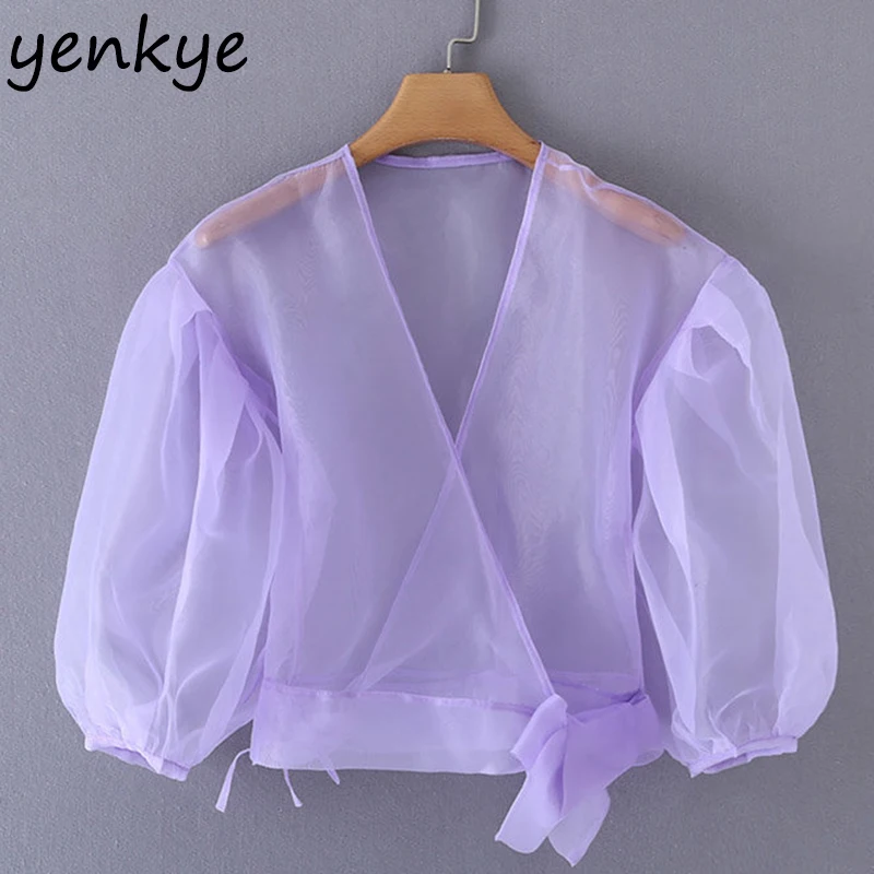 

Sexy Semi-sheer Organza Top Women V Neck Lantern Sleeve Fashion Summer Crop Top XZWM19118