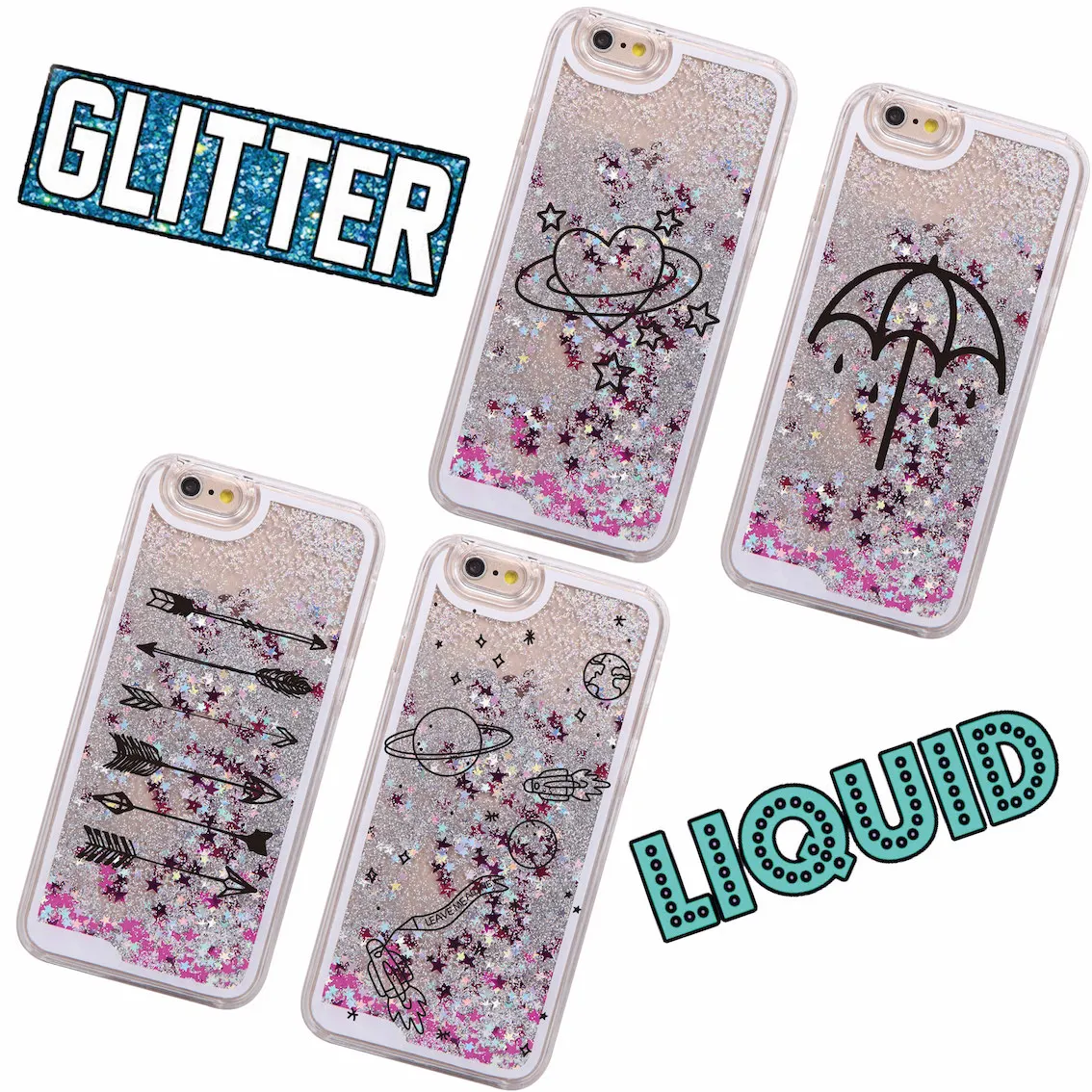 

Glitter Liquid Rain Umbrellas Heart Outer Space Stars Hard Case Coque Fundas Capa For iPhone 7 7Plus 6 6S SE 8 8Plus X XS Max