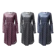 Womens Long Sleeves Round Neck Knee Length Midi Dress Polka Dot Empire High Waist Pleated Asymmetric Pullover Swing Sundress Wit Womens Long Sleeves Round Neck Knee Length Midi Dress Polka Dot Empire High Waist Pleated Asymmetric Pullover Swing Sundress Wit