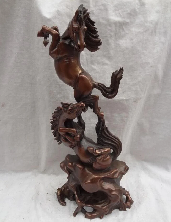 

USPS to USA S1579 16" Folk Chinese Pure Bronze Animals Wealth Fly 2 Horse Up Statue Sculpture B0401