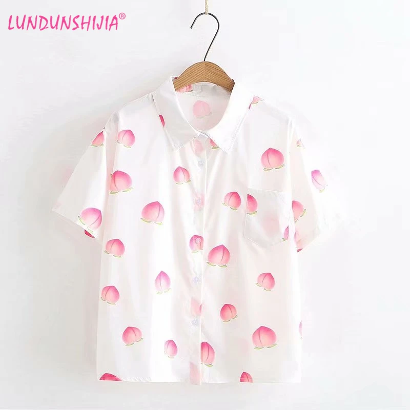

LUNDUNSHIJIA Blusas 2019 New Arrival Summer Women Fashion Strawberry Short Sleeve Blouse Fruit Peach Printed Loose Women Shirts