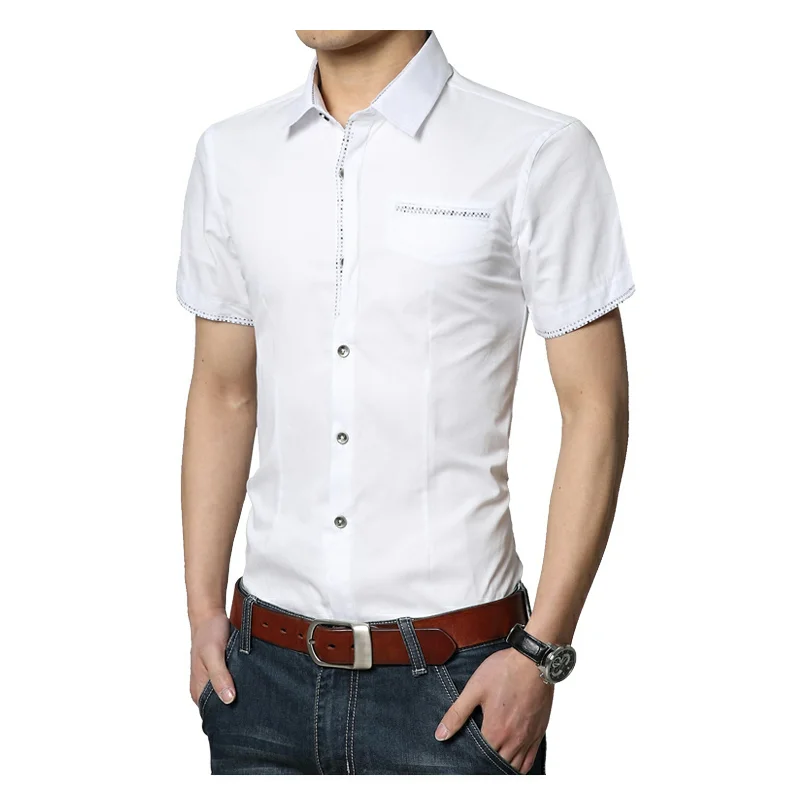 Мужские рубашки платья рубашки тонкий твердый с коротким рукавом для мужчин рубашки хлопок рубашка мужская повседневная брендовая одежда размер M-5XL - Цвет: Белый