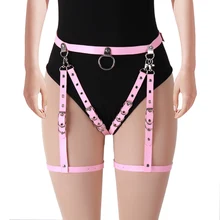 В стиле панк розовый кожаная портупея Пояс верности клетка с креплением на талии и ноге пояс Фетиш Готический стиль регулировки Тела Бондаж сексуальное женское белье