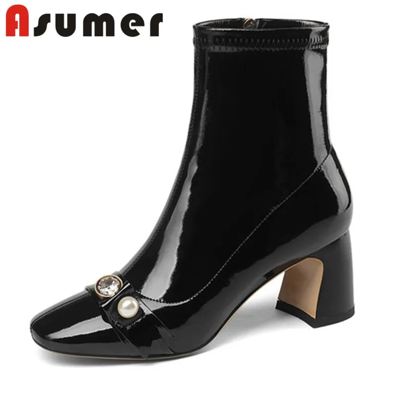 

ASUMER 2020 NEW ARRIVE solid zip genuine leather boots thick heels daily winter boots crystal adult simple ankle boots for women