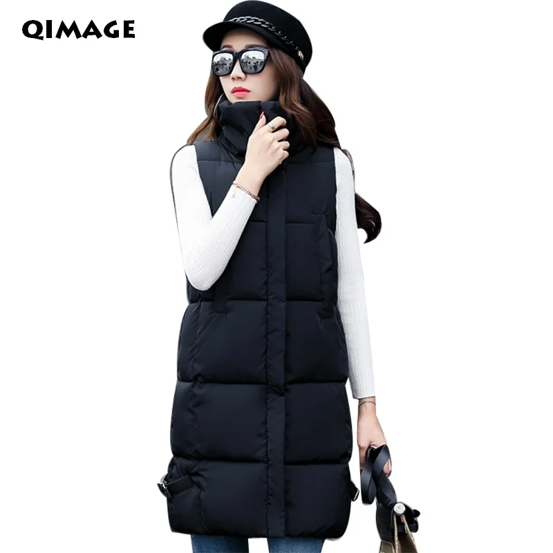 Q IMAGE Hot Women Winter Long Vests 2017 Slim Down Cotton Vest Jacket Sleeveless Lady Thick Warm