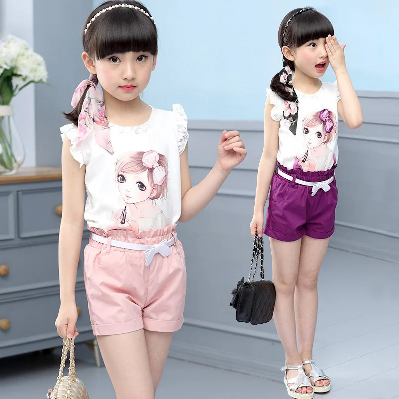 

Girl clothes Sets print pattern Embroidery Children Tracksuit kids clothing suit baby Short sleeved t shirt+shorts 2Pcs 2-10 old