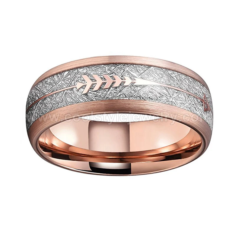 Обручальное кольцо из розового золота для мужчин и женщин, вольфрамовое кольцо с матовой отделкой, имитирующее серебро, метеорит и розовое золото, инкрустация стрелами