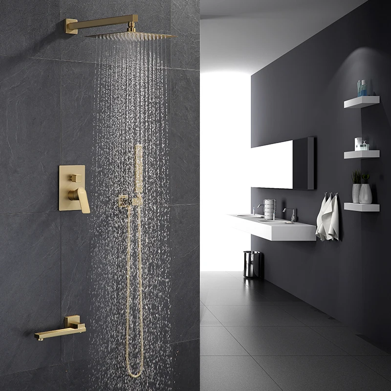 Gold Brass Rainfall Shower Head Widespread Waterfall Tub Mixer Tap Bathroom Bath Faucet Set Wall System | Обустройство дома