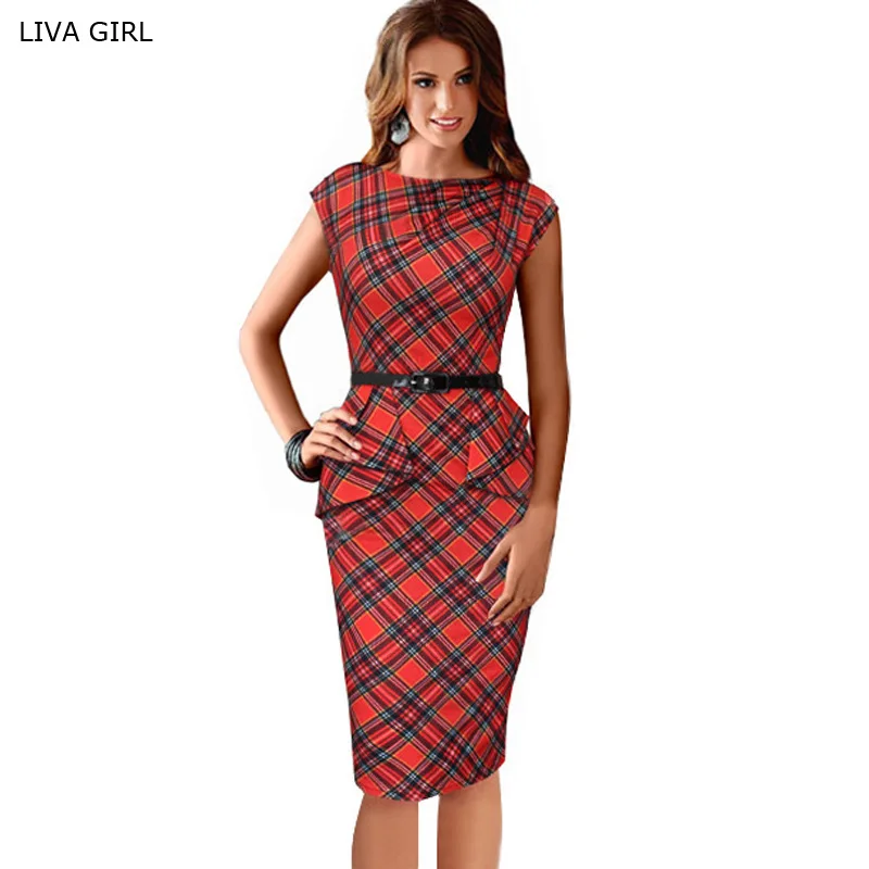 New Womens Vintage Elegant Belted font b Tartan b font Peplum Ruched Tunic Work Party Cap