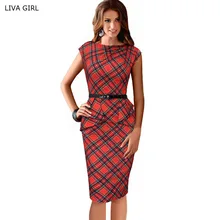 New Womens Vintage Elegant Belted Tartan Peplum Ruched Tunic Work Party Cap Sleeve Bodycon Sheath Dress 2016 Summer