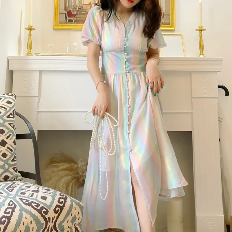 

New Single-breasted Summer Chiffon Dress Elegant Mid Calf Dresses Rainbow High Waist Women Dress Party Dresses Women Evening