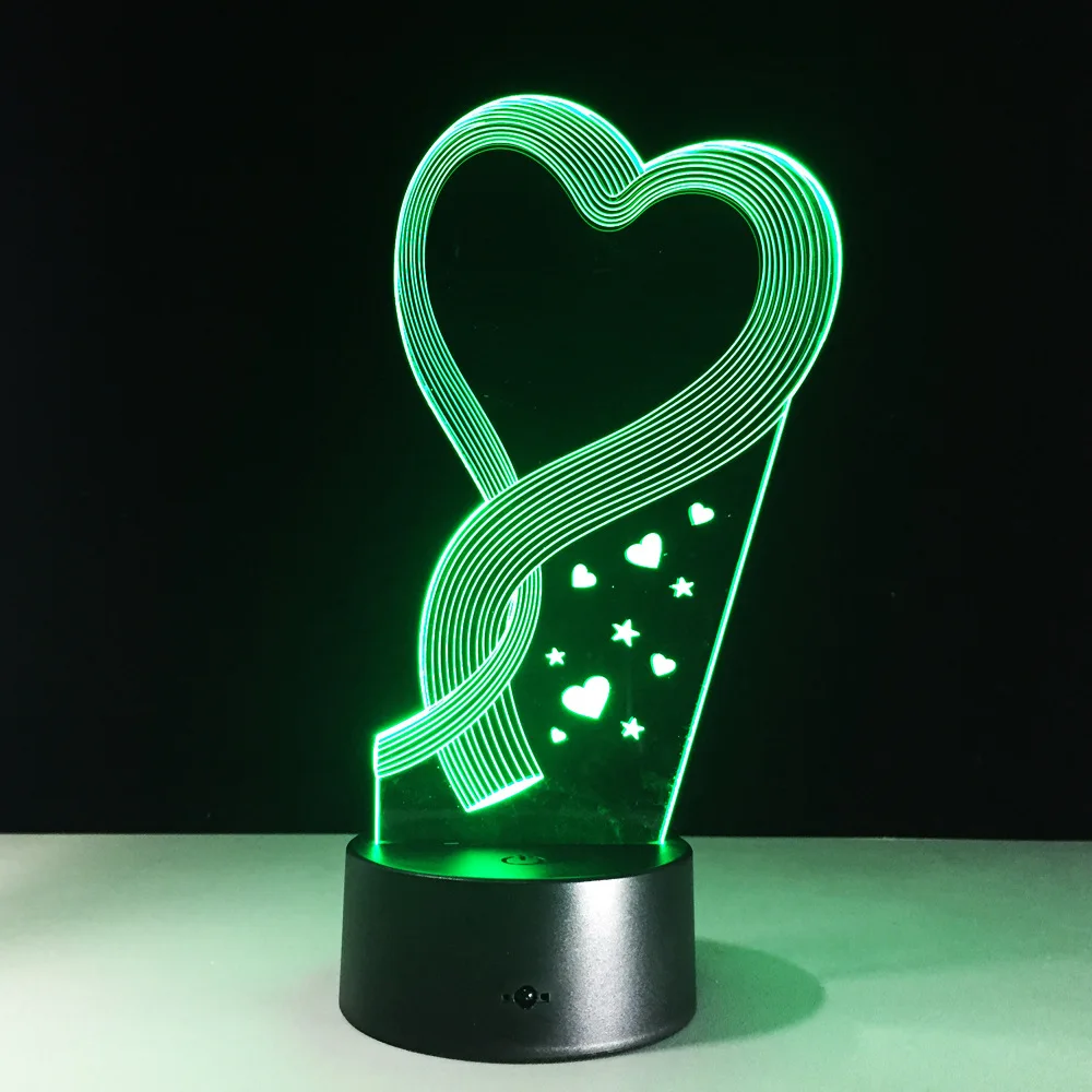 3D огни touch 7 цветов в форме сердца подарок ко Дню Святого Валентина творческий подарок светодиодный ночник батареи USB двойной -использовать