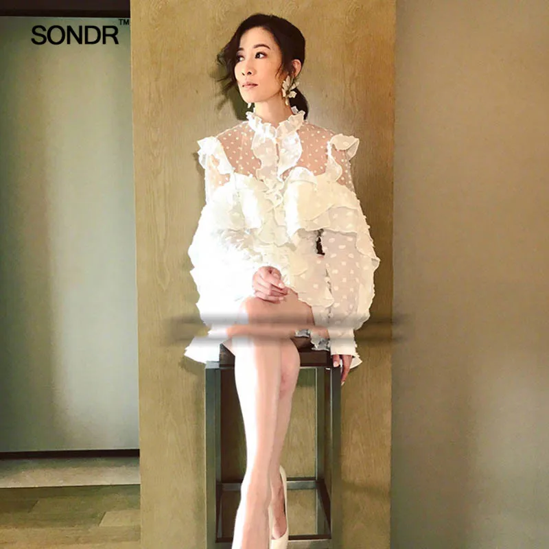 SONDR Summer Lace Up Dot Women Long Sleeve Bow Bandages Perspective Sexy Women Clothes Fashion New