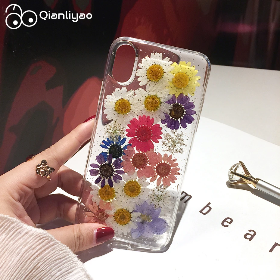

Qianliyao Dried Real Flower Handmade Clear Pressed Phone Cases For iPhone X XS Max XR 6 6S 7 8 Plus Case Soft TPU Back Cover