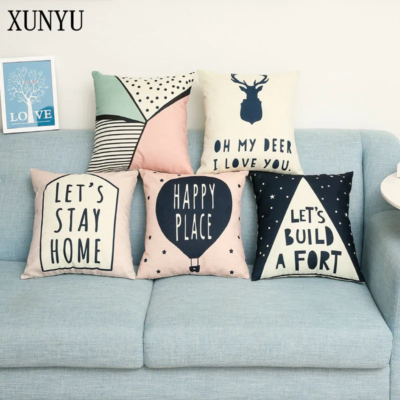 

XUNYU kids Room Cartoon Decor Linen Pillow Case Home Sofa Decorative Throw Pillow Covers Geometric Cushion Cover 45X45cm DZ-001