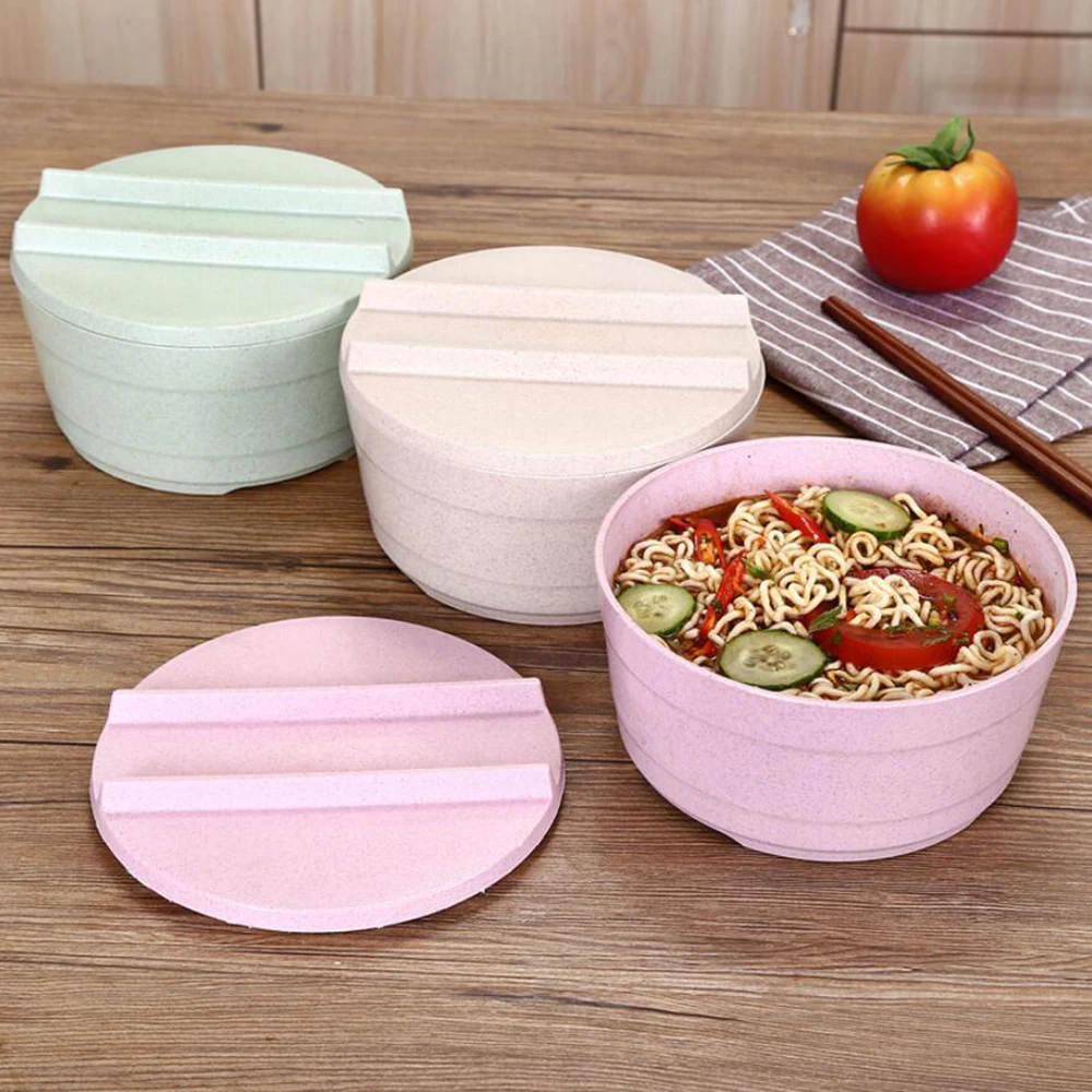 Creative Tableware Large Wheat Straw Plastic Bowl Set Bowl With Lid Noodle Bowl Household Utensils Colorful For Kitchen 10200E