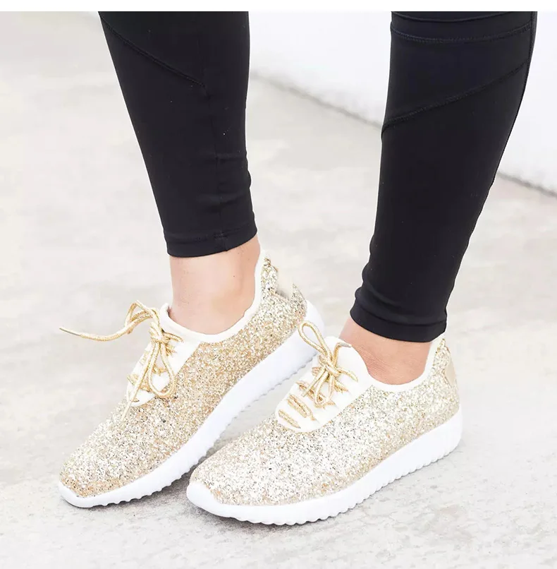 Для женщин кроссовки летние с сияющими блестками золото обувь серебристого цвета Женская обувь, Большие размеры белые кроссовки блестящие повседневная обувь Туфли без каблуков Для женщин