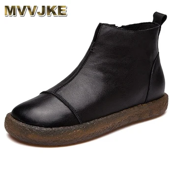 

MVVJKE Fashion Handmade Shoes For Women 100% Genuine Leather Ankle Boots Winter Autumn Flat Women Shoes Round Toes Mar Boots