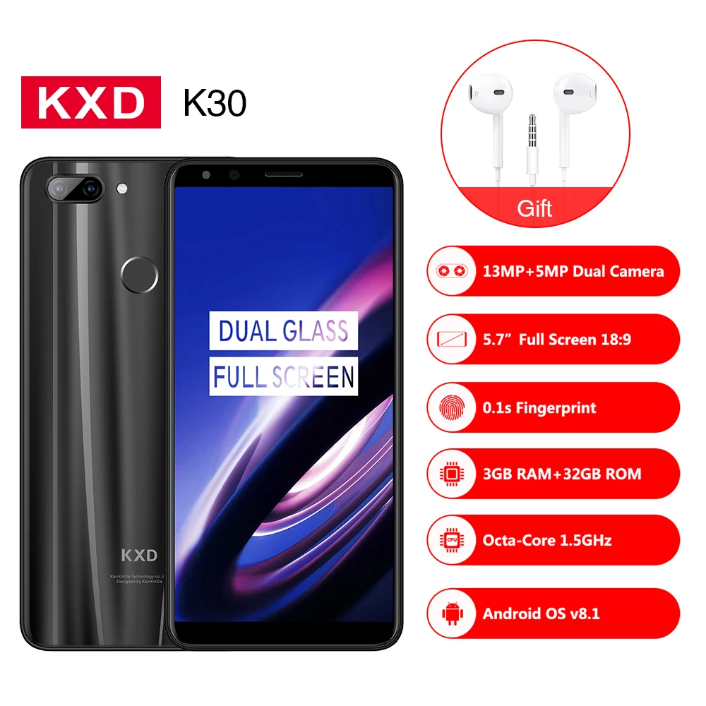 209 Новый KXD K30 смартфон 5,7 "FHD 18:9 MTK6750 Восьмиядерный Оперативная память 3 GB Встроенная память 32 GB отпечатков пальцев ID 4G LTE Andriod 8,0 13.0MP мобильного