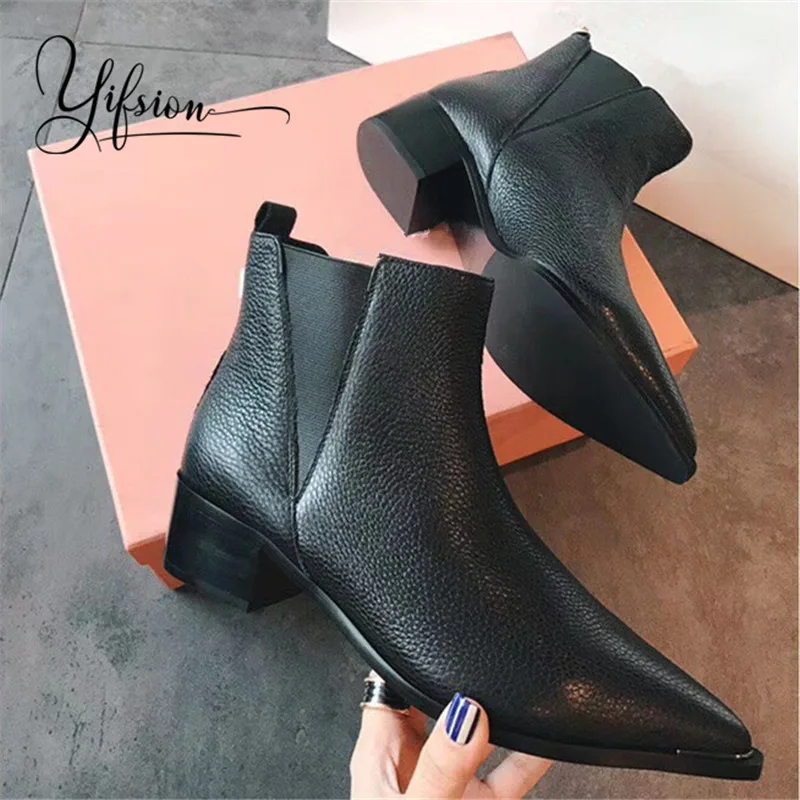 

OLOME New Black Genuine Leather Women Short Boots Pointed Toe Slip On Thick Low Heel Women Autumn Boots Shoes Woman