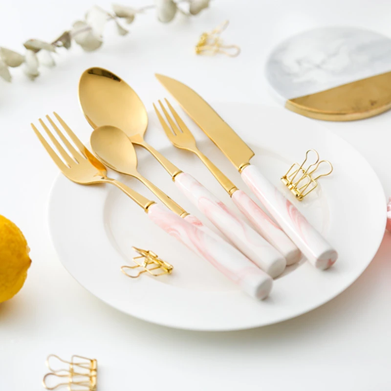 

5PC Simple Marbled Pattern Ceramic Handle Stainless Steel Tableware Food Steak Dessert Family Fruit Fork Dining Tableware
