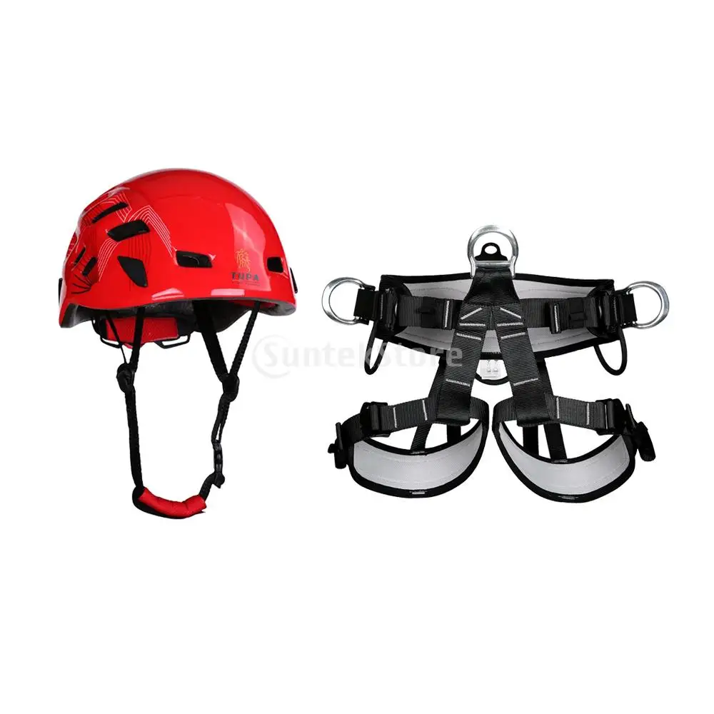 Rescue Rock Climbing Rappelling Harness Waist Seat Belt + Safety Helmet