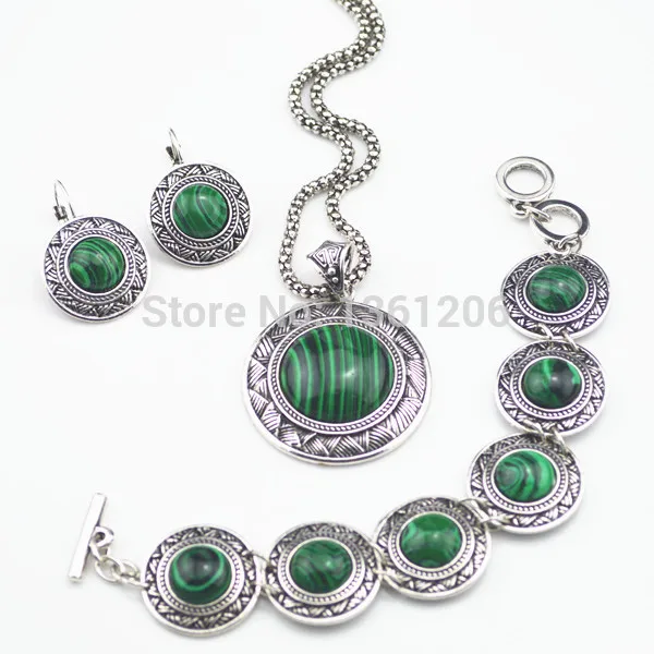 

S1 Green Malachite Stone Stone Necklace Pendant & Earring & Bracelet per Set Jewlery Set ,Vintage Look,Tibet Alloy,