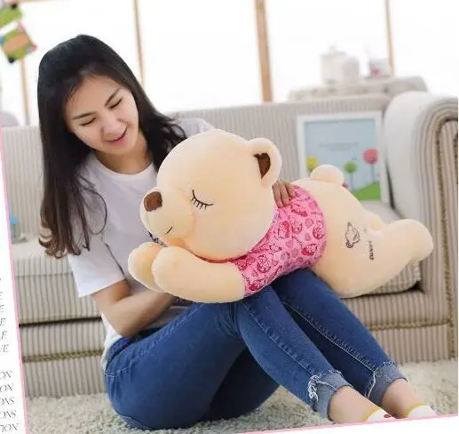 Stuffed animal Teddy bear with pink cloth lying teddy bear sleeping bear about 35 inch plush toy 90 cm throw pillow doll b0887 2pcs pair lovely couple teddy bear with cloth dress plush toy stuffed baby doll girls