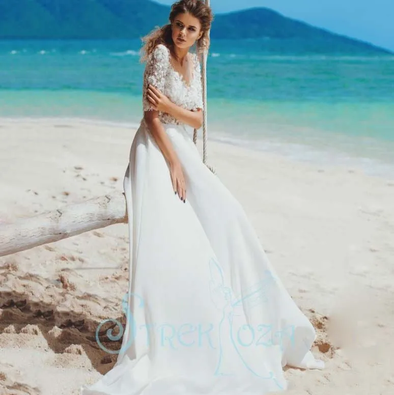 

Princess Half Sleeve Chiffon Skirt Beach Boho Summer Wedding Dress 3D Floral Appliques Bridal Gowns Custom Made