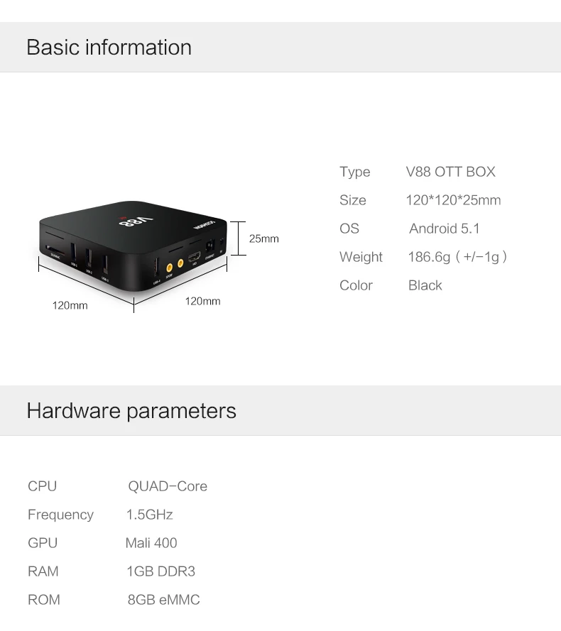 ТВ приставка V88 Android 7,1 RK3229 1G 8G 4K x 2K 60fps 10 бит H.265 K17.3 WiFi лучше, чем ТВ приставка M8s 1 шт