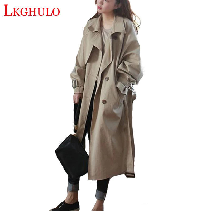 

LKGHULO XL New Double Breasted Trench Coat British Ladies Loose Extra-long khaki Coat For Women Causal Stylish Pea Coat A757