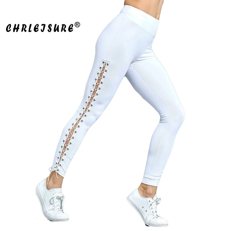 

CHRLEISURE Sexy Lacing Women Leggings Polyester Solid Hollow Pants High waist Ankle-length Slim Workout Novel Female Legging