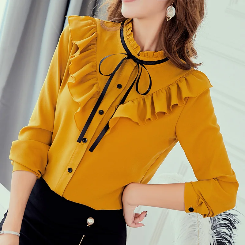 Демисезонные рубашки в Корейском стиле Для женщин Блузка модные тонкие блузки Повседневное Топ женские офисные рубашки, блузы, шифон женская обувь желтого цвета