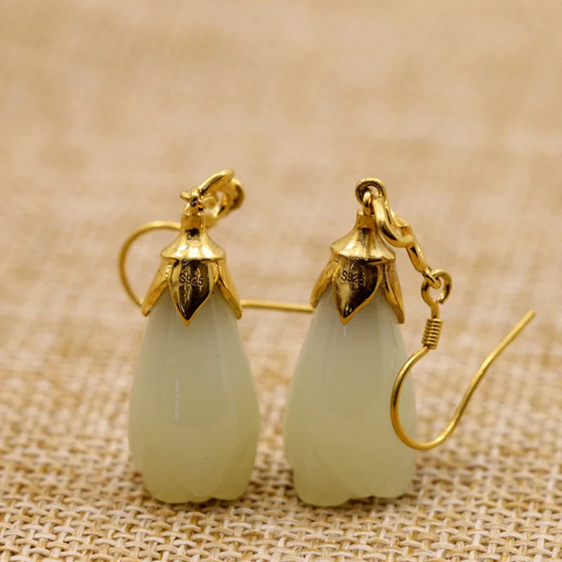 Серьги, серебро 925, натуральный камень, классика, нефрит, серьги для женщин, цветок, выгравирован, позолота, ювелирное изделие, Pendientes Mujer Moda