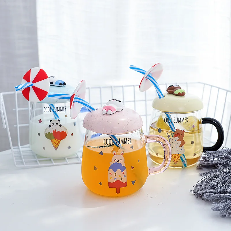 Creative 3D Cartoon Deisgn Beach Cover Glass with Straw and Cover for Children's Gift Have Fun Juice Glass Milk Cups